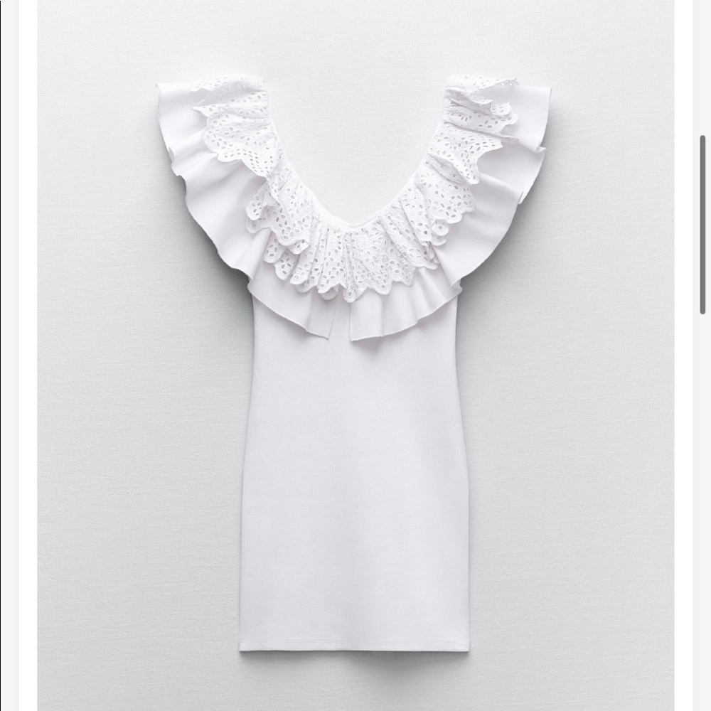 Zara White Ribbed Bodycon Ruffle Sleeve Mini Dress - NEW - S 3253806250 - Picture 3 of 8